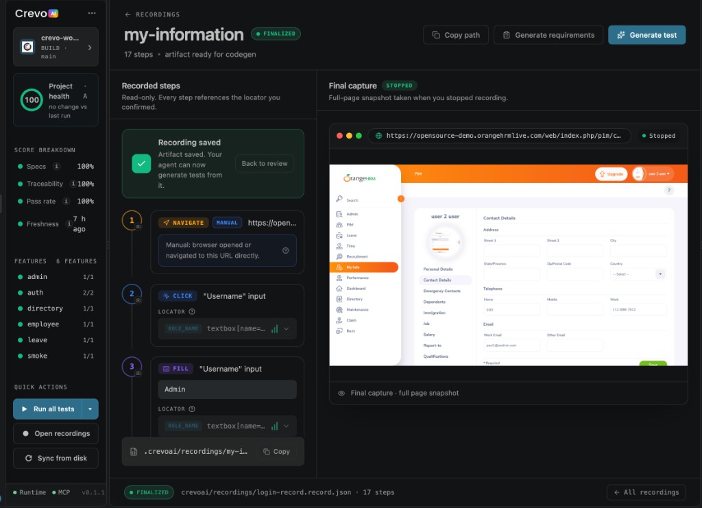 OpenCrevo enterprise quality platform: self-hosted workspace for governed test execution and recordings