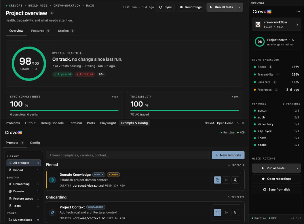 OpenCrevo Software Quality Factory: AI-native enterprise testing control plane with health, traceability, and prompt governance
